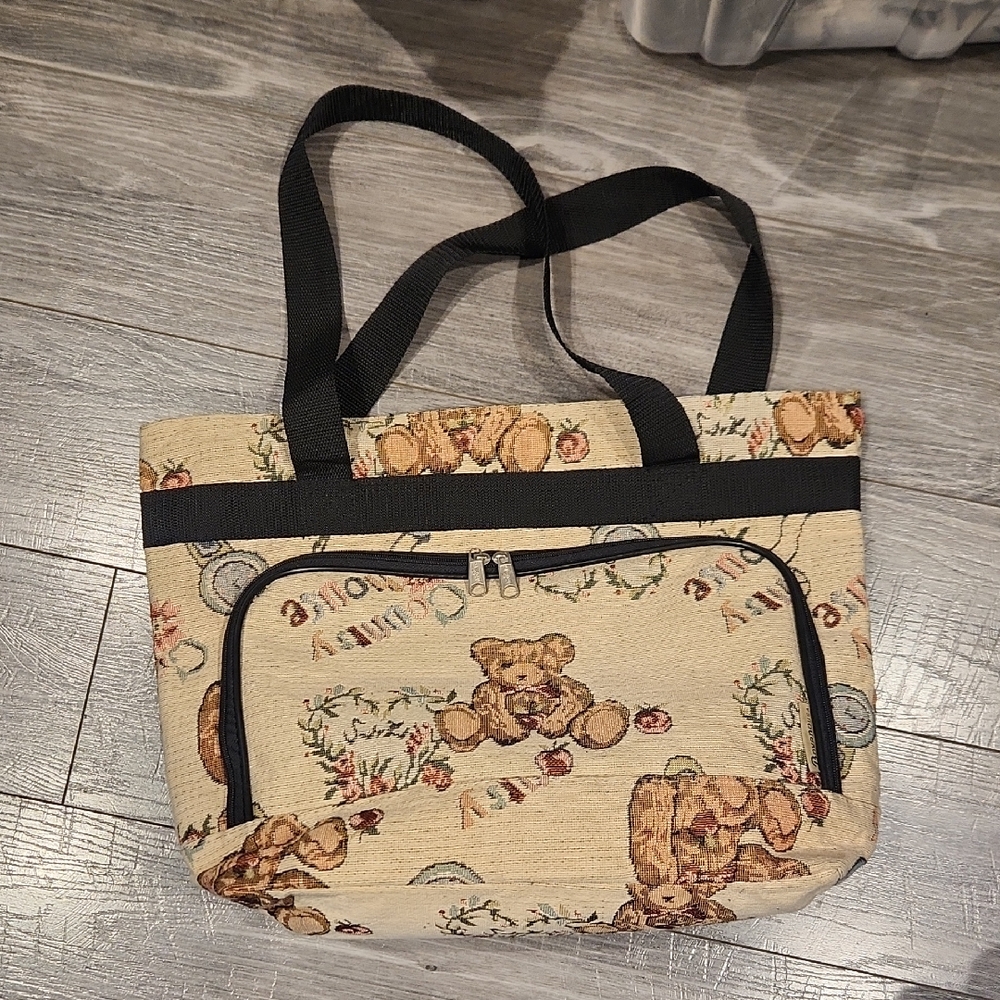 Vtg. Bovano U.S.A. Tapestry Teddy Bear Patterned Tote Bag